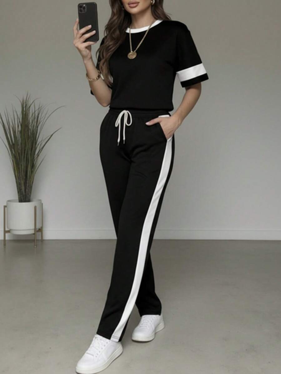 Spring/Summer Women's Casual Matching Contrast Color Round Neck Short Sleeve Top And High Waist Drawstring Straight Leg Pants 2 Pieces Set Elegant