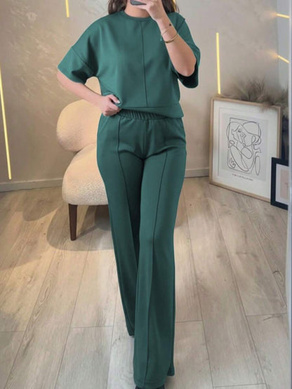Women's 2 Pieces Casual Outfit, Comfortable Solid Color Short Sleeve Top Paired With Elastic Waist Pocket Pants, Soft Polyester-Spandex Fabric, Spring/Summer Elegant
