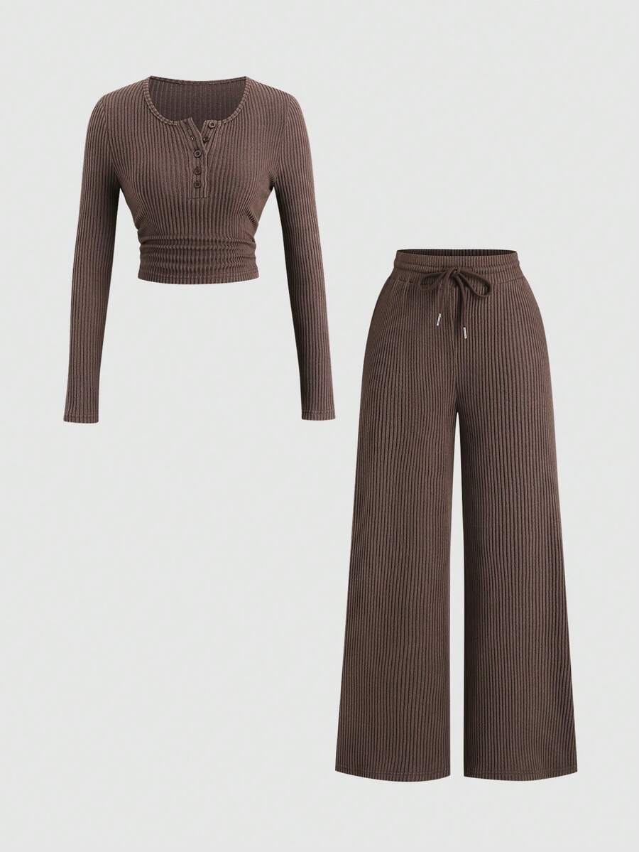 Sweetra Women's Coffee Brown 2-Piece Set,Fall Winter Casual Loungewear Plush Ribbed Fabric Ruched Design Adjustable Waistband Textured Solid Color Outfits