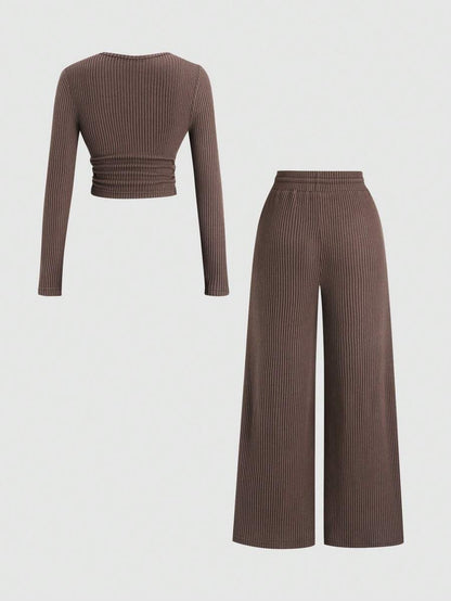Sweetra Women's Coffee Brown 2-Piece Set,Fall Winter Casual Loungewear Plush Ribbed Fabric Ruched Design Adjustable Waistband Textured Solid Color Outfits