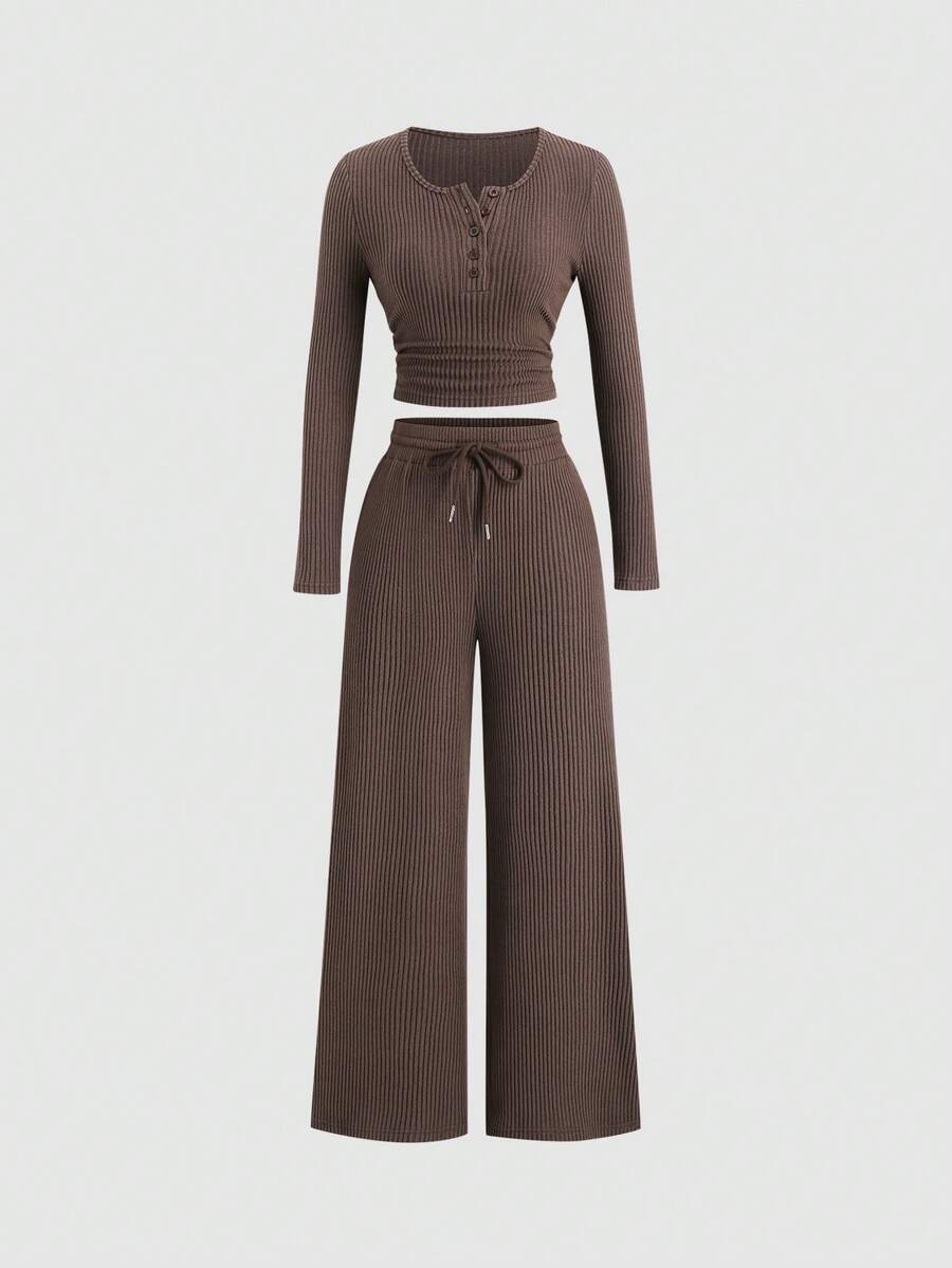 Sweetra Women's Coffee Brown 2-Piece Set,Fall Winter Casual Loungewear Plush Ribbed Fabric Ruched Design Adjustable Waistband Textured Solid Color Outfits