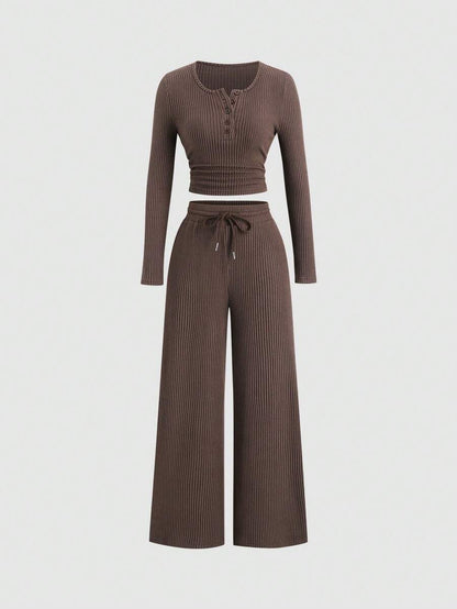 Sweetra Women's Coffee Brown 2-Piece Set,Fall Winter Casual Loungewear Plush Ribbed Fabric Ruched Design Adjustable Waistband Textured Solid Color Outfits