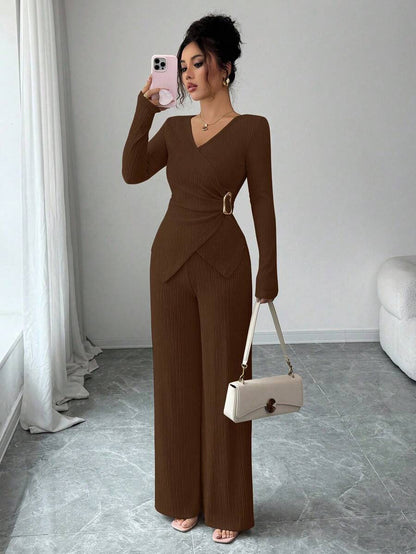 Elenzga 2pcs/Set Women's Elegant Commuter Beige Fall Winter Tea Party Solid Cross V-Neck Long Sleeve T-Shirt With Metal Buckle & Wide Leg Elastic Waist Pants