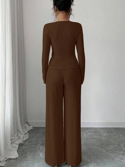 Elenzga 2pcs/Set Women's Elegant Commuter Beige Fall Winter Tea Party Solid Cross V-Neck Long Sleeve T-Shirt With Metal Buckle & Wide Leg Elastic Waist Pants