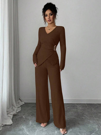 Elenzga 2pcs/Set Women's Elegant Commuter Beige Fall Winter Tea Party Solid Cross V-Neck Long Sleeve T-Shirt With Metal Buckle & Wide Leg Elastic Waist Pants