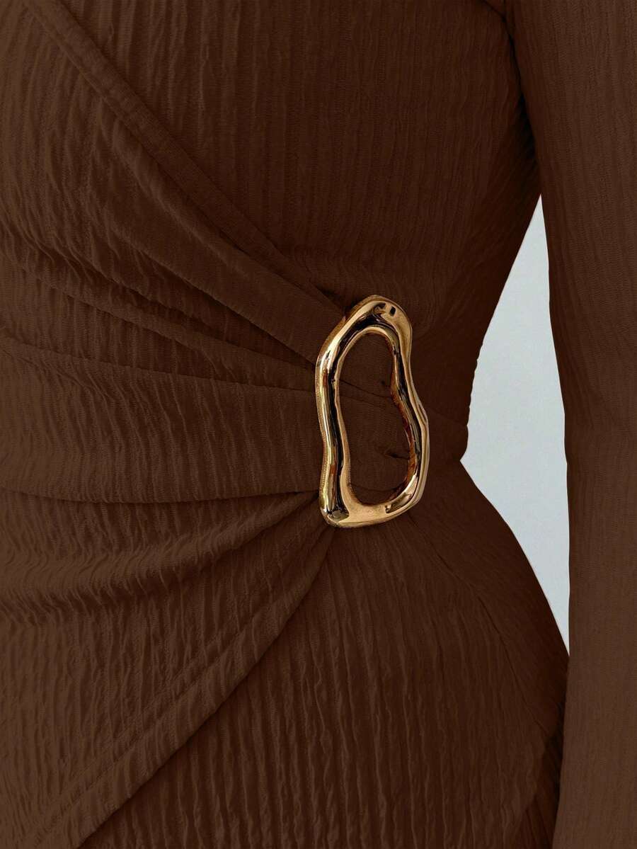 Elenzga 2pcs/Set Women's Elegant Commuter Beige Fall Winter Tea Party Solid Cross V-Neck Long Sleeve T-Shirt With Metal Buckle & Wide Leg Elastic Waist Pants