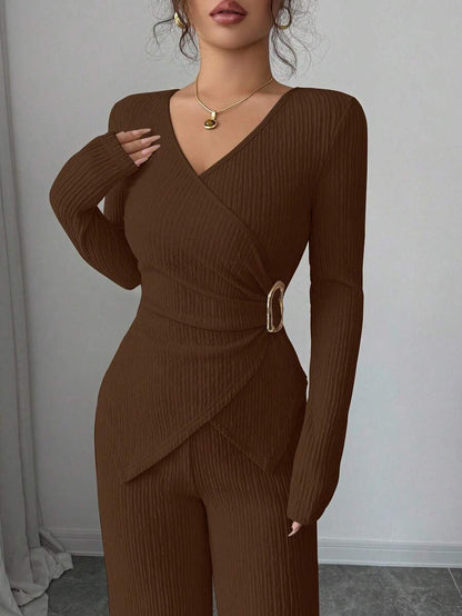 Elenzga 2pcs/Set Women's Elegant Commuter Beige Fall Winter Tea Party Solid Cross V-Neck Long Sleeve T-Shirt With Metal Buckle & Wide Leg Elastic Waist Pants