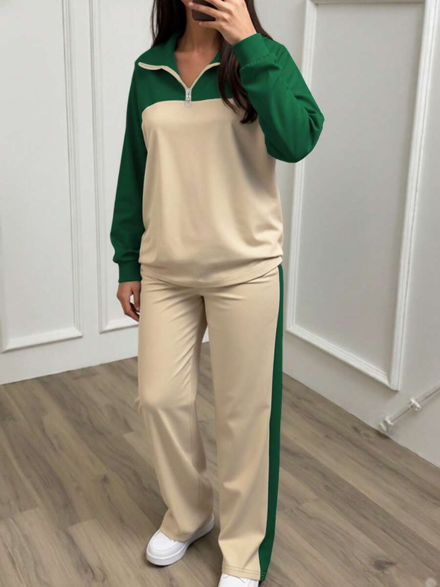 Women's Casual Set, Collared Loose Top And Wide Leg Pants 2 Pieces Outfit, Autumn/Winter Spring Elegant
