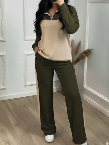 Women's Casual Set, Collared Loose Top And Wide Leg Pants 2 Pieces Outfit, Autumn/Winter Spring Elegant