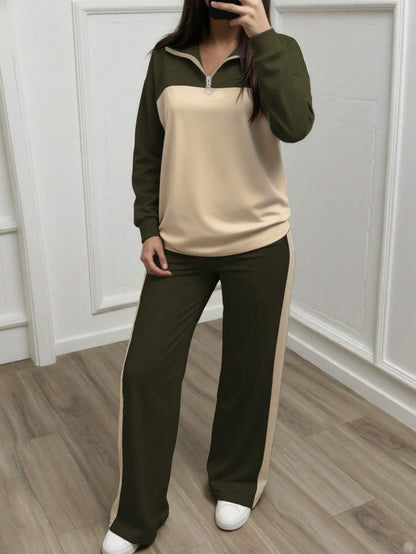 Women's Casual Set, Collared Loose Top And Wide Leg Pants 2 Pieces Outfit, Autumn/Winter Spring Elegant