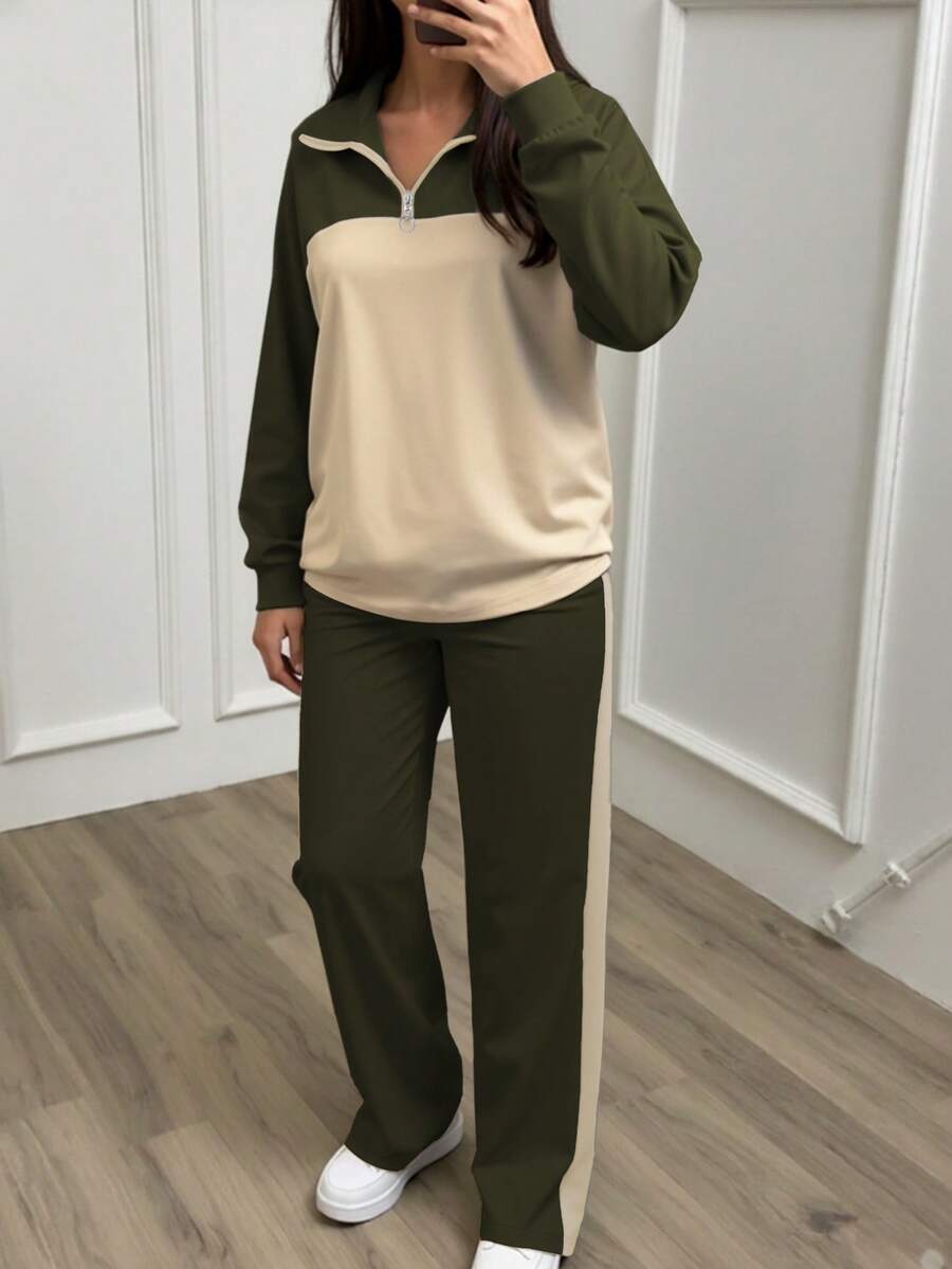 Women's Casual Set, Collared Loose Top And Wide Leg Pants 2 Pieces Outfit, Autumn/Winter Spring Elegant