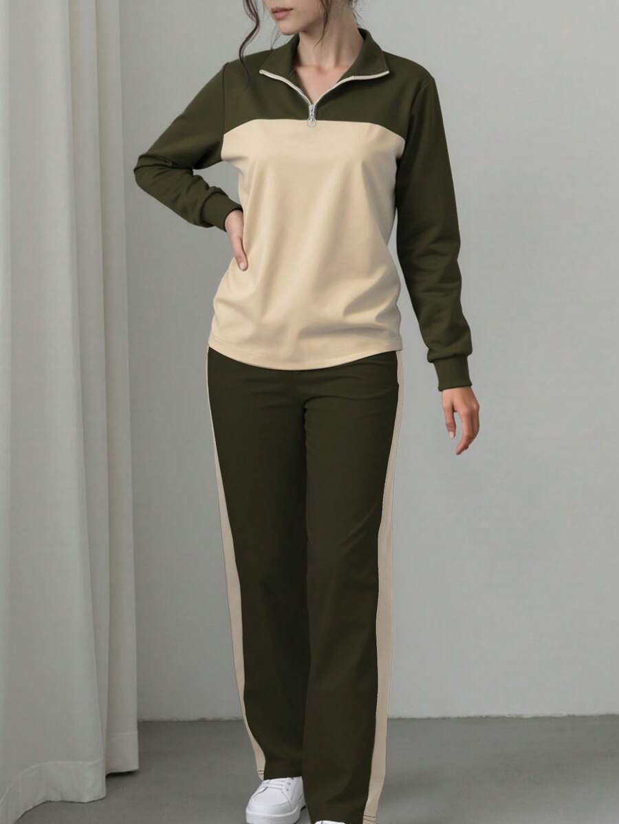 Women's Casual Set, Collared Loose Top And Wide Leg Pants 2 Pieces Outfit, Autumn/Winter Spring Elegant
