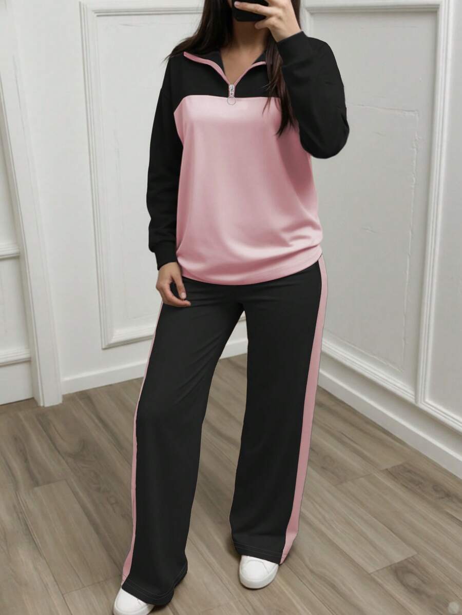 Women's Casual Set, Collared Loose Top And Wide Leg Pants 2 Pieces Outfit, Autumn/Winter Spring Elegant