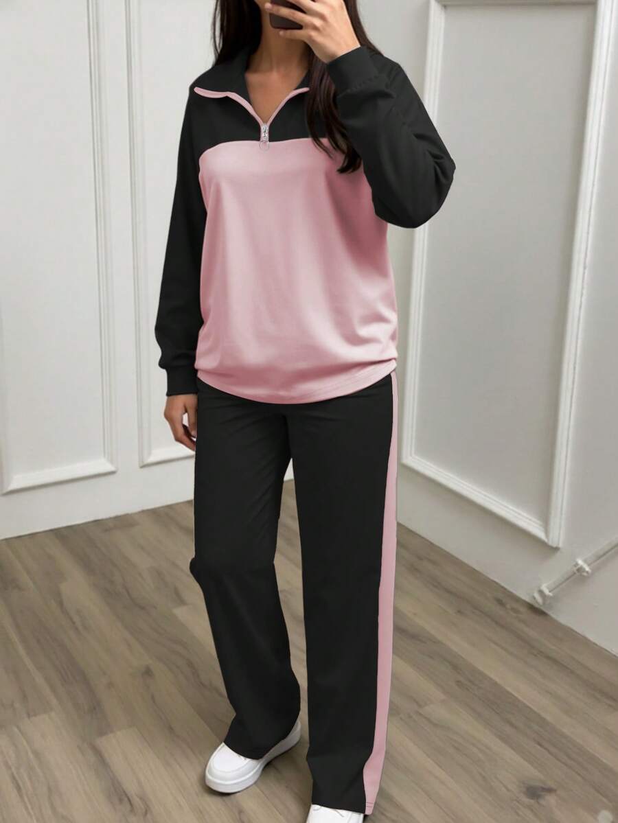 Women's Casual Set, Collared Loose Top And Wide Leg Pants 2 Pieces Outfit, Autumn/Winter Spring Elegant