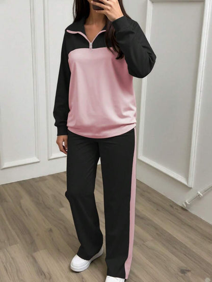 Women's Casual Set, Collared Loose Top And Wide Leg Pants 2 Pieces Outfit, Autumn/Winter Spring Elegant