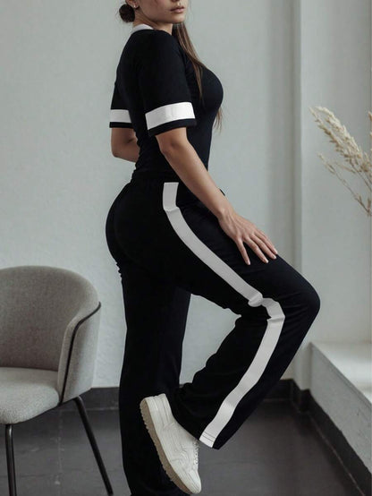 Spring/Summer Women's Casual Matching Contrast Color Round Neck Short Sleeve Top And High Waist Drawstring Straight Leg Pants 2 Pieces Set Elegant