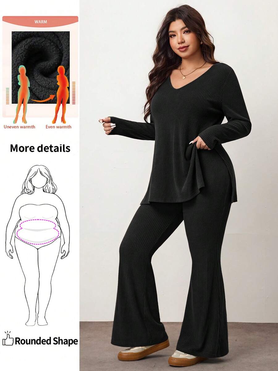 Enliva Plus Size Casual Home Wear 2 Pieces Set: Minimalist Off-Shoulder Ribbed Design, Suitable For Autumn/Winter, Flattering For Curvy Figures Fall