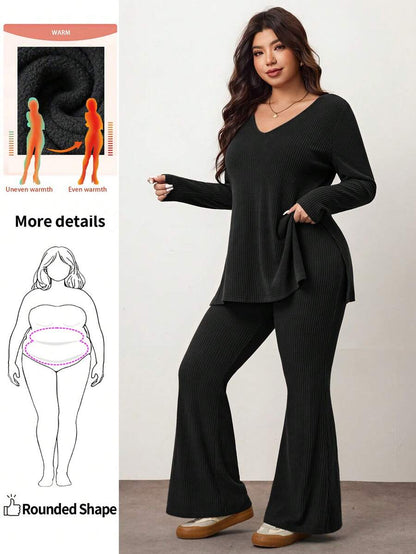 Enliva Plus Size Casual Home Wear 2 Pieces Set: Minimalist Off-Shoulder Ribbed Design, Suitable For Autumn/Winter, Flattering For Curvy Figures Fall