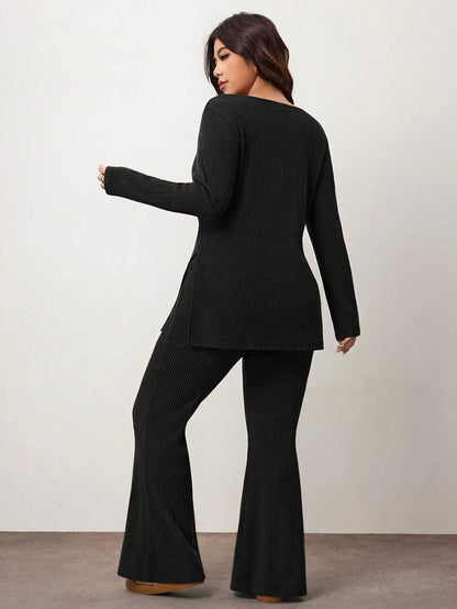 Enliva Plus Size Casual Home Wear 2 Pieces Set: Minimalist Off-Shoulder Ribbed Design, Suitable For Autumn/Winter, Flattering For Curvy Figures Fall