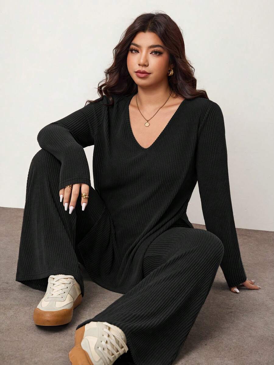 Enliva Plus Size Casual Home Wear 2 Pieces Set: Minimalist Off-Shoulder Ribbed Design, Suitable For Autumn/Winter, Flattering For Curvy Figures Fall
