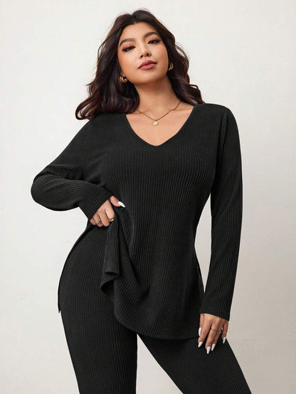 Enliva Plus Size Casual Home Wear 2 Pieces Set: Minimalist Off-Shoulder Ribbed Design, Suitable For Autumn/Winter, Flattering For Curvy Figures Fall