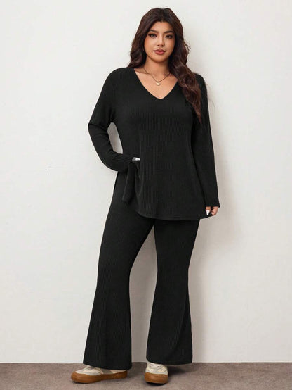Enliva Plus Size Casual Home Wear 2 Pieces Set: Minimalist Off-Shoulder Ribbed Design, Suitable For Autumn/Winter, Flattering For Curvy Figures Fall