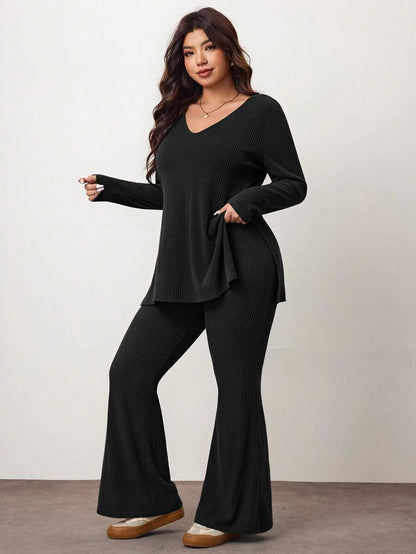 Enliva Plus Size Casual Home Wear 2 Pieces Set: Minimalist Off-Shoulder Ribbed Design, Suitable For Autumn/Winter, Flattering For Curvy Figures Fall
