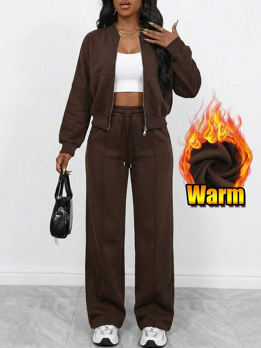 Women's Autumn/Winter Solid Color Zipper Cardigan Long Sleeve Straight Leg Pants Casual Set, Elegant Fashion Versatile Daily Brown