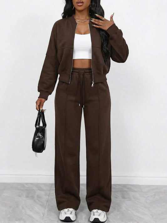 Women's Autumn/Winter Solid Color Zipper Cardigan Long Sleeve Straight Leg Pants Casual Set, Elegant Fashion Versatile Daily Brown