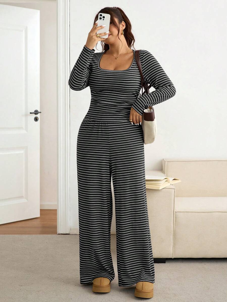 SHEIN Frenchy Plus Size Women Square Neck Black Long Sleeve T-Shirt And Wide Leg Pants Casual 2 Piece Set Formal Office Holiday Holiday Autumn Fall