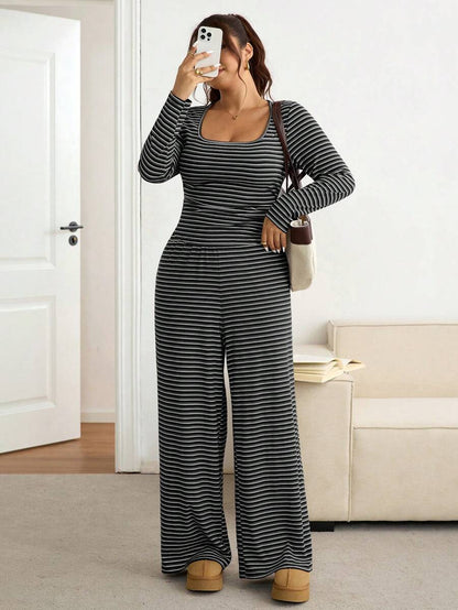 SHEIN Frenchy Plus Size Women Square Neck Black Long Sleeve T-Shirt And Wide Leg Pants Casual 2 Piece Set Formal Office Holiday Holiday Autumn Fall