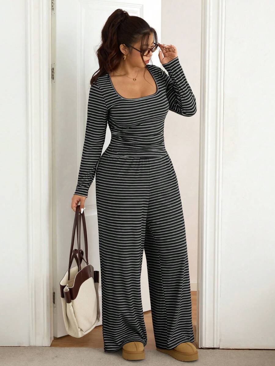 SHEIN Frenchy Plus Size Women Square Neck Black Long Sleeve T-Shirt And Wide Leg Pants Casual 2 Piece Set Formal Office Holiday Holiday Autumn Fall