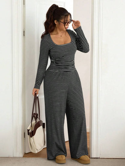 SHEIN Frenchy Plus Size Women Square Neck Black Long Sleeve T-Shirt And Wide Leg Pants Casual 2 Piece Set Formal Office Holiday Holiday Autumn Fall
