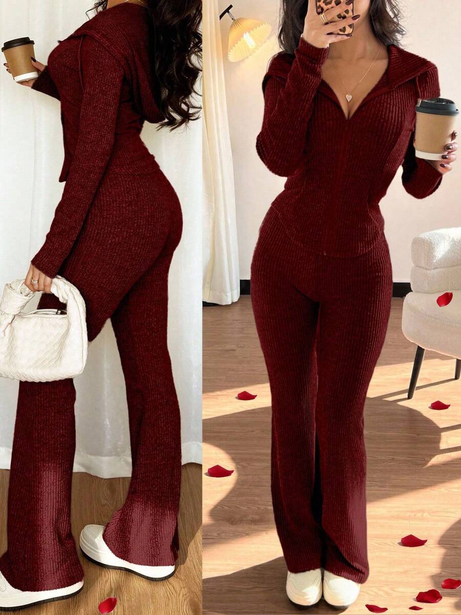 SHEIN Raffinéa Casual Hooded Cinched Waist Pocket Jacket And Flare Ribbed Knit Pants 2 Pieces Set For Women, Versatile Daily Wear, Autumn/Winter Fall Cloth For Women