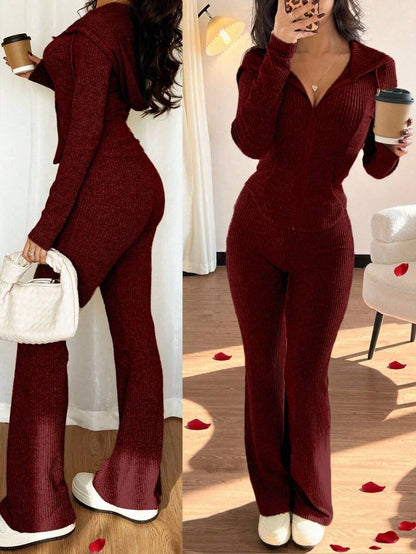 SHEIN Raffinéa Casual Hooded Cinched Waist Pocket Jacket And Flare Ribbed Knit Pants 2 Pieces Set For Women, Versatile Daily Wear, Autumn/Winter Fall Cloth For Women