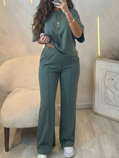 Women's 2 Pieces Casual Outfit, Comfortable Solid Color Short Sleeve Top Paired With Elastic Waist Pocket Pants, Soft Polyester-Spandex Fabric, Spring/Summer Elegant