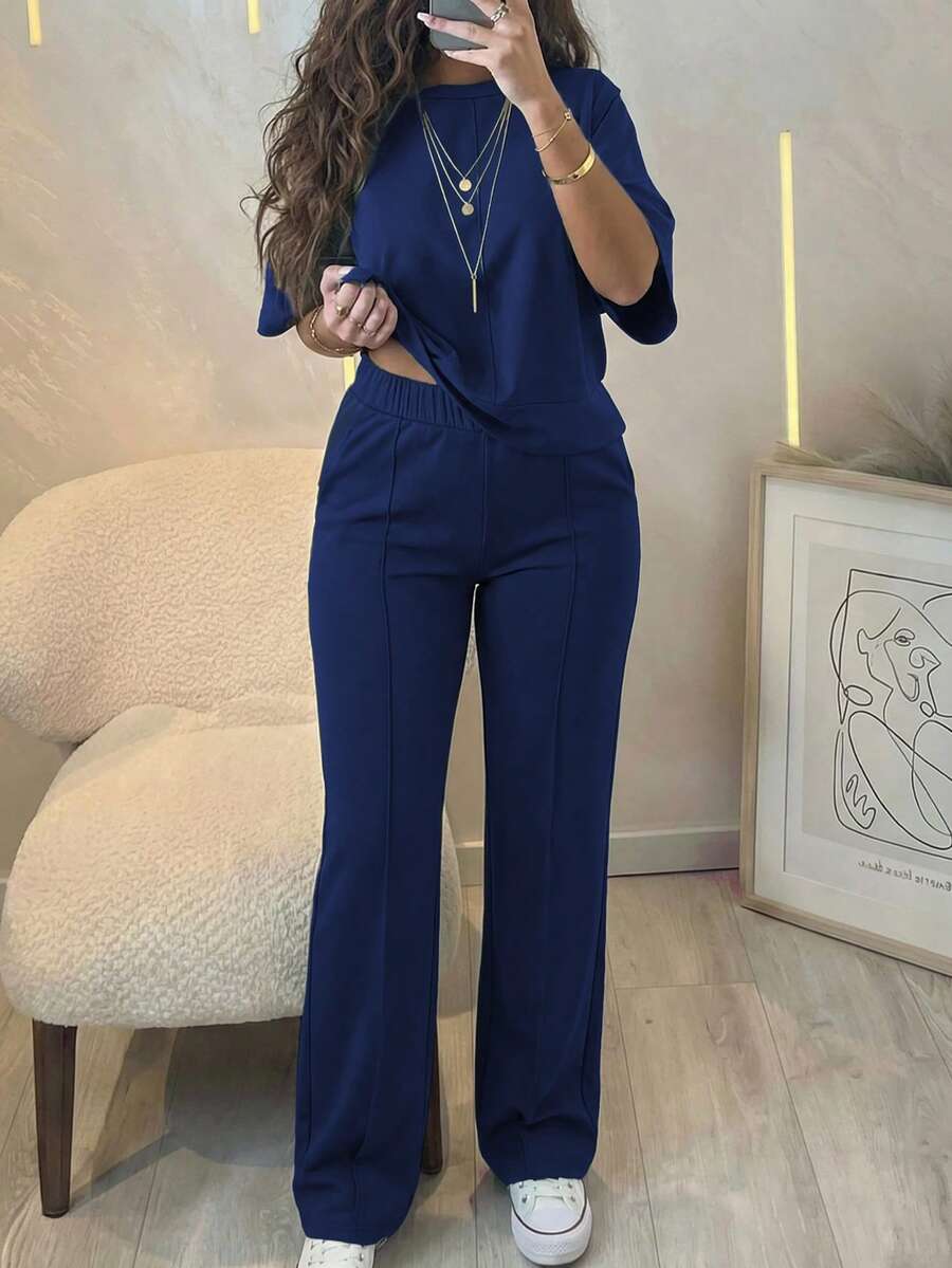 Women's 2 Pieces Casual Outfit, Comfortable Solid Color Short Sleeve Top Paired With Elastic Waist Pocket Pants, Soft Polyester-Spandex Fabric, Spring/Summer Elegant