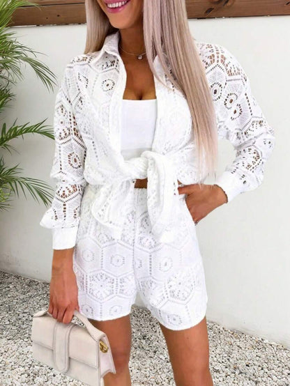 2pcs/Set Women's Casual Vacation White Lace Outfit, Long Sleeve Hollow Loose Top Paired With Elastic Waist Shorts, Elegant Beach Cover-Up Summer, Resort Wear