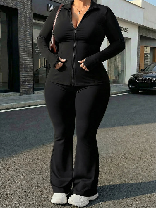 Plus Size Women's Solid Color Long Sleeve Top And Pants Slim Fit Sportswear Suit, Fitness Uniform Spring Black