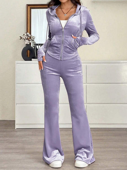 SHEIN EZwear 2pcs Women Casual Athleisure Solid Color Hoodie Top Pants Set,Autumn, Clothes For Women Lounge Travel Burgundy Lounge Travel