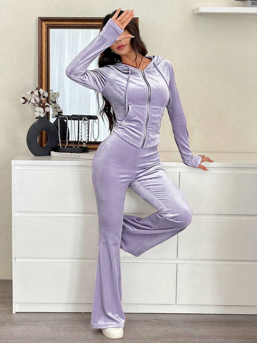 SHEIN EZwear 2pcs Women Casual Athleisure Solid Color Hoodie Top Pants Set,Autumn, Clothes For Women Lounge Travel Burgundy Lounge Travel