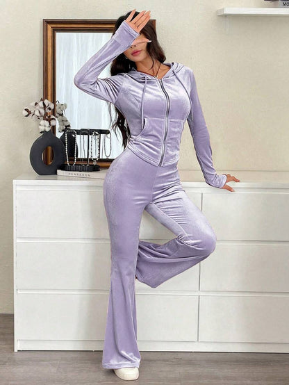 SHEIN EZwear 2pcs Women Casual Athleisure Solid Color Hoodie Top Pants Set,Autumn, Clothes For Women Lounge Travel Burgundy Lounge Travel