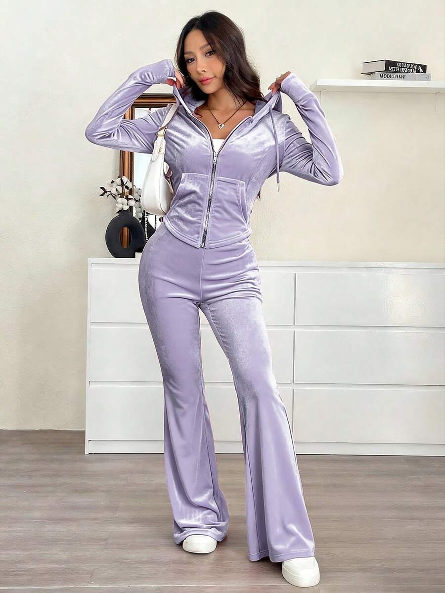 SHEIN EZwear 2pcs Women Casual Athleisure Solid Color Hoodie Top Pants Set,Autumn, Clothes For Women Lounge Travel Burgundy Lounge Travel