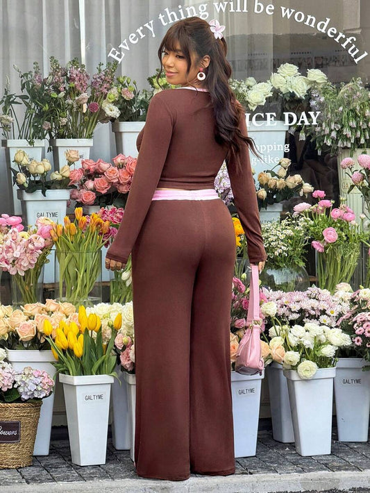 GalTyme Plus Size Contrast Color Long Sleeve Top & Pants 2 Pieces Set,Cerise Pink,Autumn,Smart Casual,Everyday,Chic Elegant Y2k Party Christmas Vacation Fall