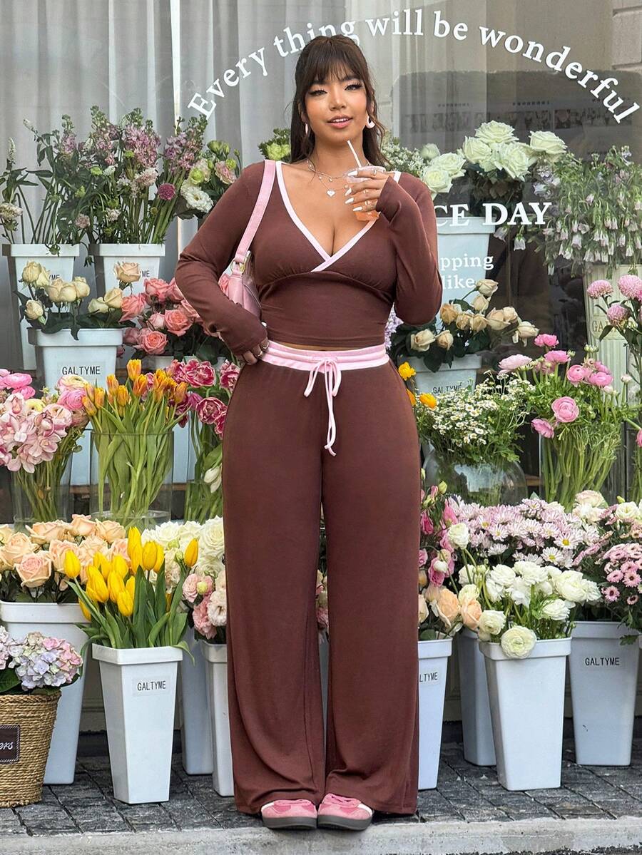 GalTyme Plus Size Contrast Color Long Sleeve Top & Pants 2 Pieces Set,Cerise Pink,Autumn,Smart Casual,Everyday,Chic Elegant Y2k Party Christmas Vacation Fall