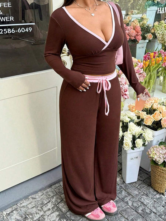 GalTyme Plus Size Contrast Color Long Sleeve Top & Pants 2 Pieces Set,Cerise Pink,Autumn,Smart Casual,Everyday,Chic Elegant Y2k Party Christmas Vacation Fall