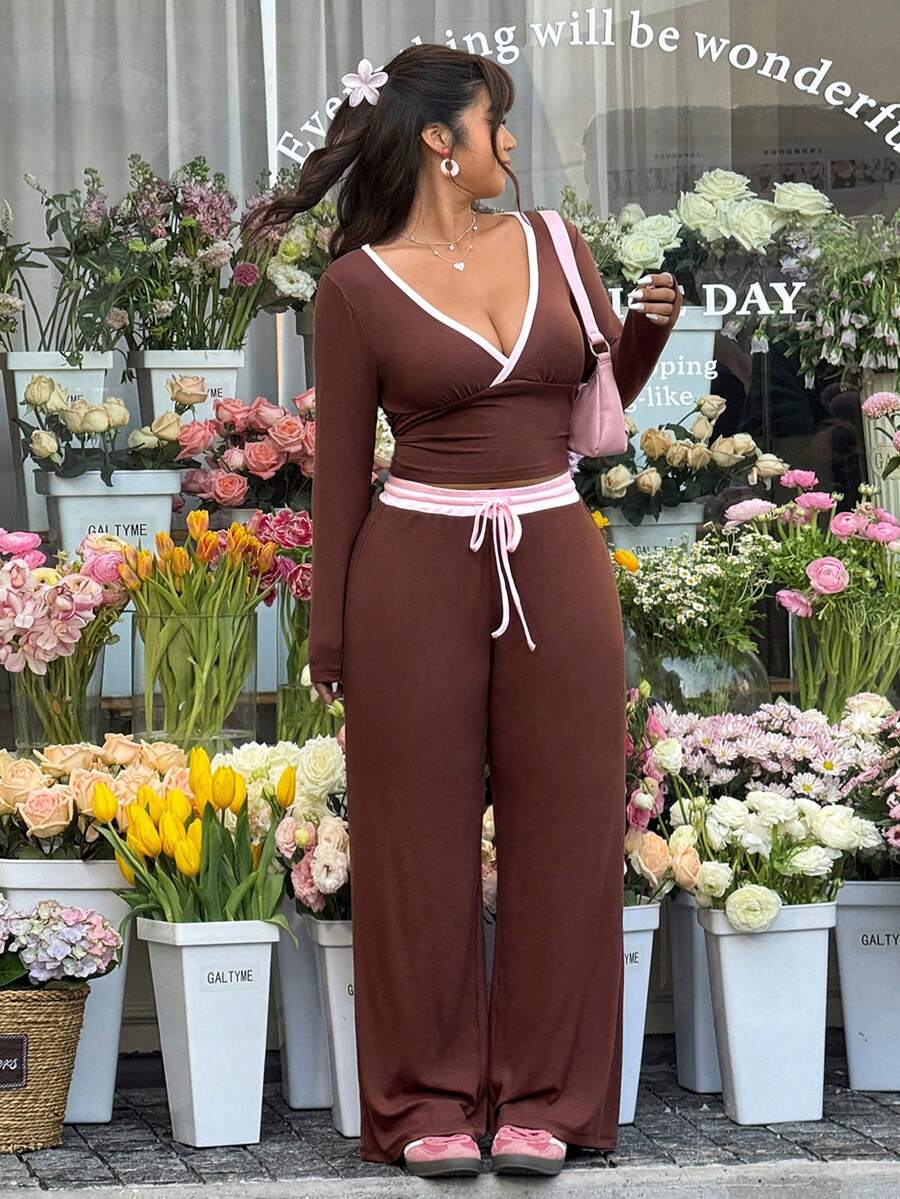 GalTyme Plus Size Contrast Color Long Sleeve Top & Pants 2 Pieces Set,Cerise Pink,Autumn,Smart Casual,Everyday,Chic Elegant Y2k Party Christmas Vacation Fall