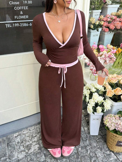 GalTyme Plus Size Contrast Color Long Sleeve Top & Pants 2 Pieces Set,Cerise Pink,Autumn,Smart Casual,Everyday,Chic Elegant Y2k Party Christmas Vacation Fall