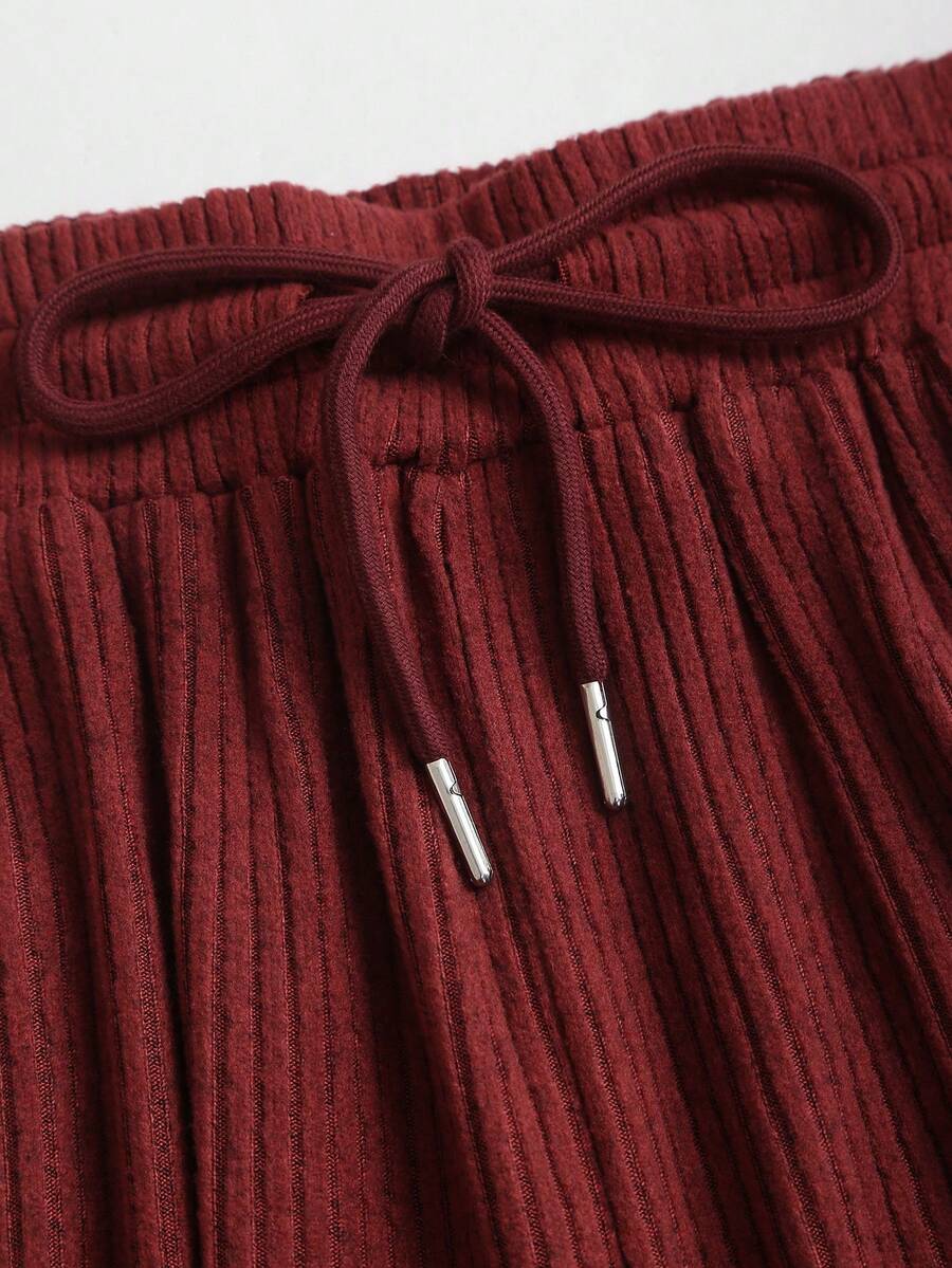 Sweetra Women's Coffee Brown 2-Piece Set,Fall Winter Casual Loungewear Plush Ribbed Fabric Ruched Design Adjustable Waistband Textured Solid Color Outfits