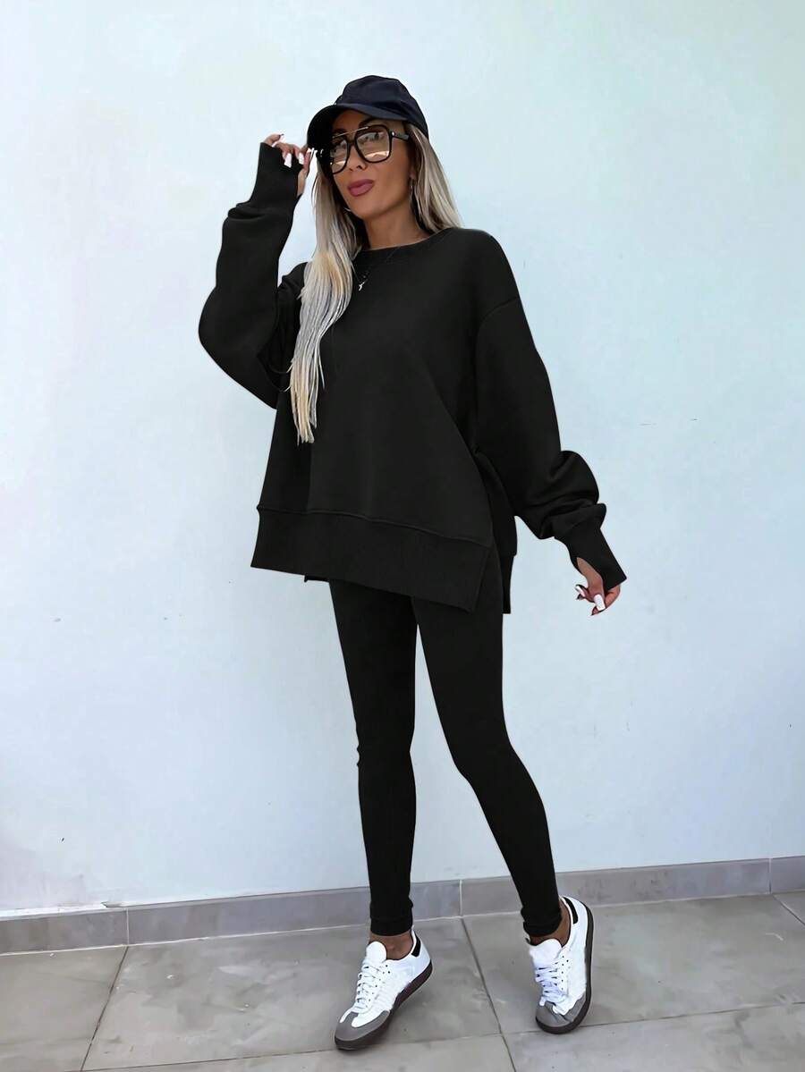 SHEIN LUNE Women's Solid Color Round Neck Drop Shoulder Long Sleeve Cardigan, Versatile 2 Pieces Set